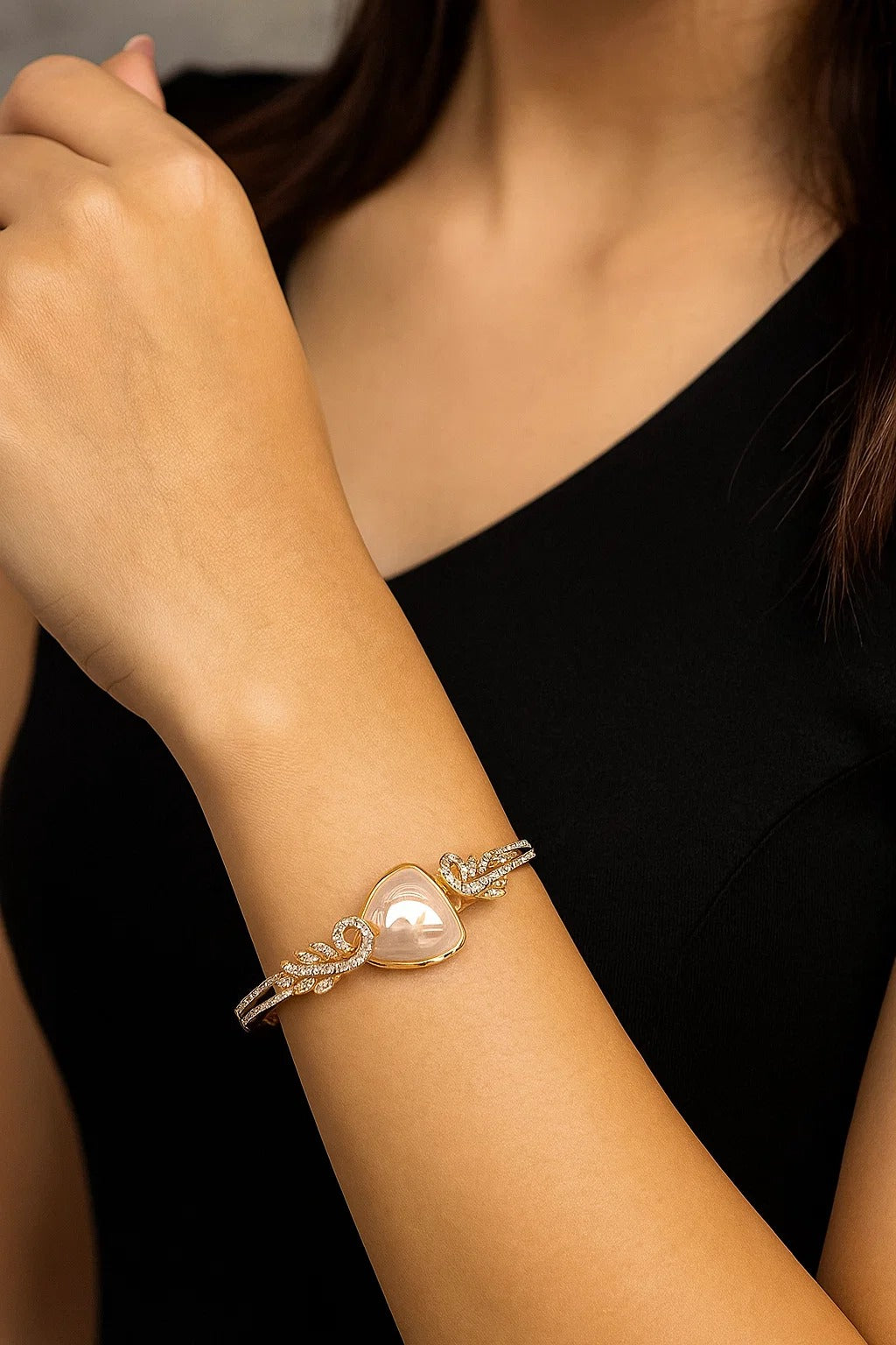 Golden Openable Bracelet with Pearl White Stone & CZ Detailing